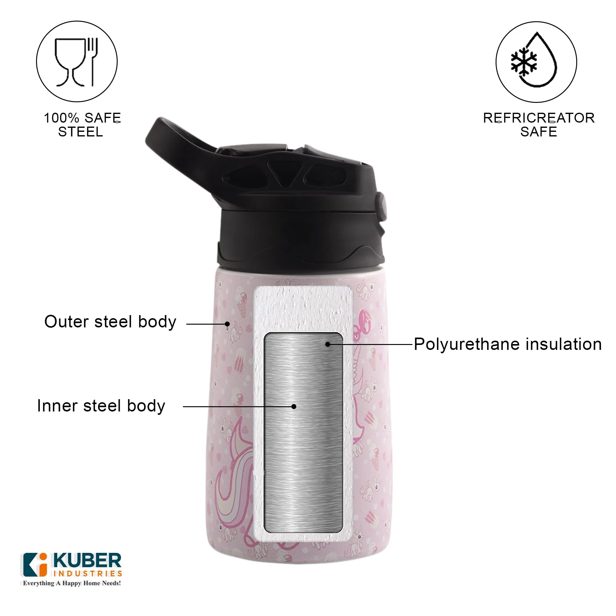 Kuber Industries Stainless Steel Kids Water Bottle | Stay Cool Kids Water Bottle | 350 ml Insulated Water Bottle | Water Bottle with Push-Button Flip Lid | Water Bottle For School |Pink