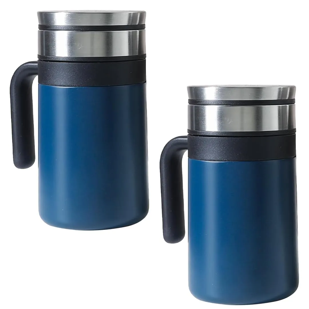 Kuber industries Stainless Steel Vacuum Insulated Travel Mug with Lid 420 ML-Pack of 2 (Blue)