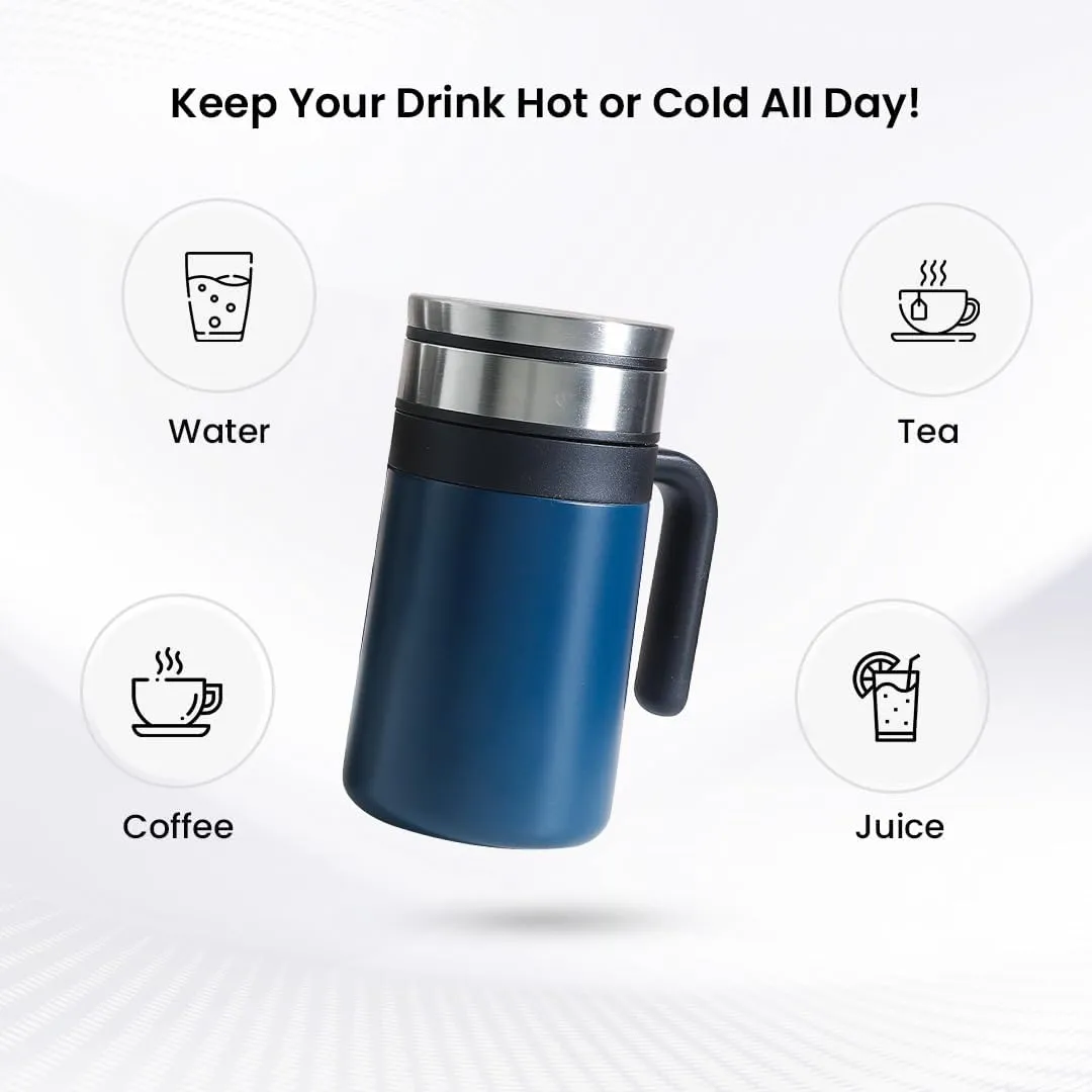 Kuber industries Stainless Steel Vacuum Insulated Travel Mug with Lid 420 ML-Pack of 2 (Blue)