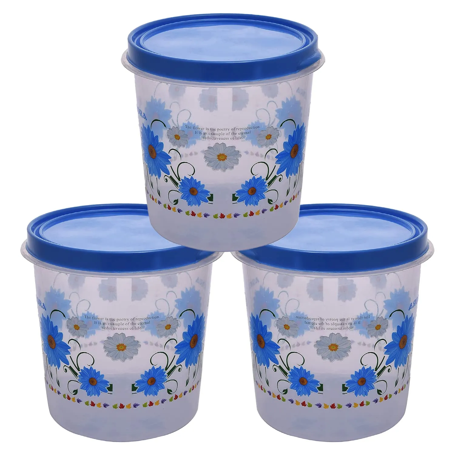 Kuber Industries Storage Container|Durable Plastic Floral Design BPA Free Food Kitchen Organizer With Lid|Food Utility Jar, 7 Ltr, Pack of 3 (Blue)