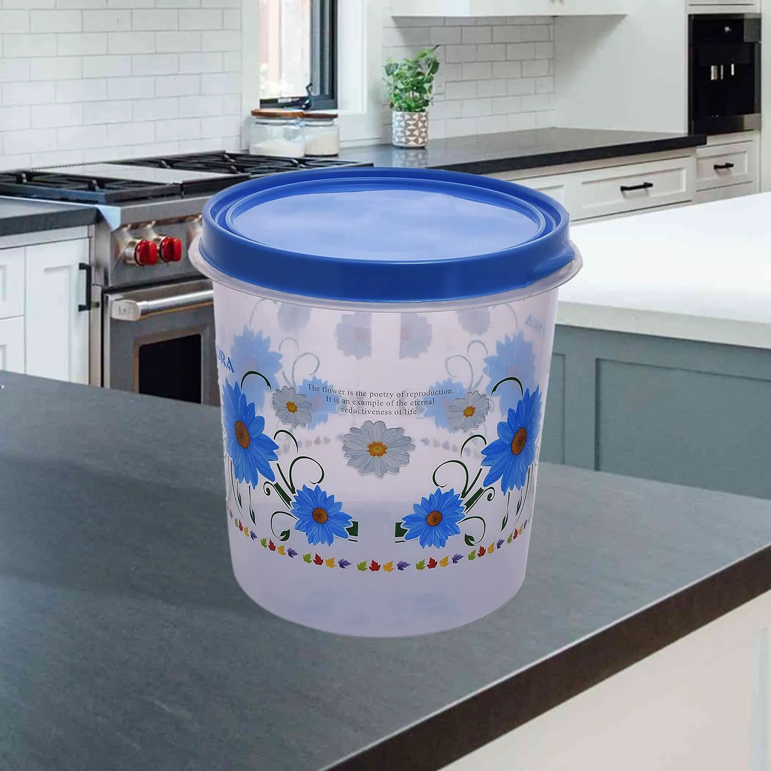 Kuber Industries Storage Container|Durable Plastic Floral Design BPA Free Food Kitchen Organizer With Lid|Food Utility Jar, 7 Ltr, Pack of 3 (Blue)