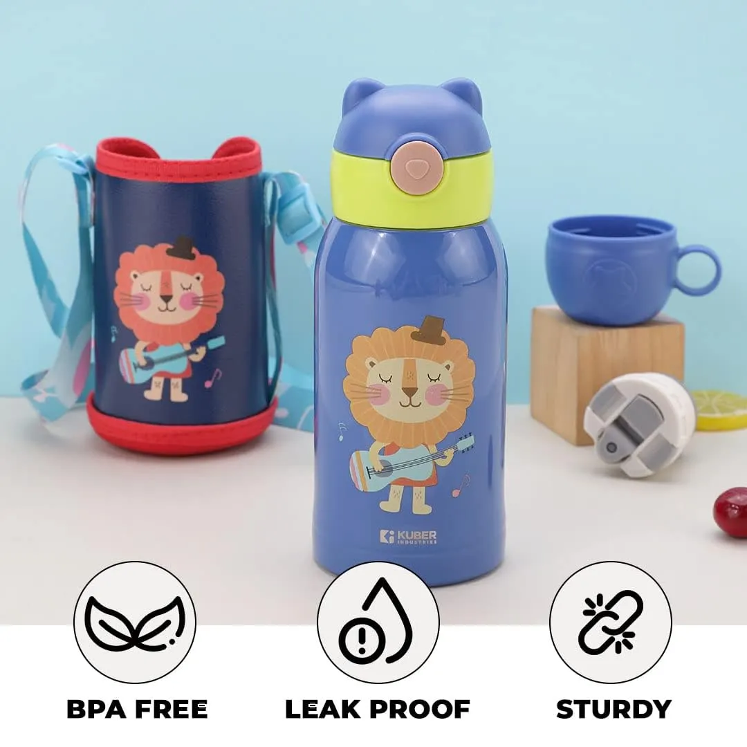 Kuber Industries Water Bottle for Kids|Stainless Steel Flask with Straw, Cup & Fabric Cover|Sipper Bottle for Kids|Food Grade Plastic Lid|Broad Fabric Strap|Leak Proof, BPA Free|500 ml (Pack Of 6)