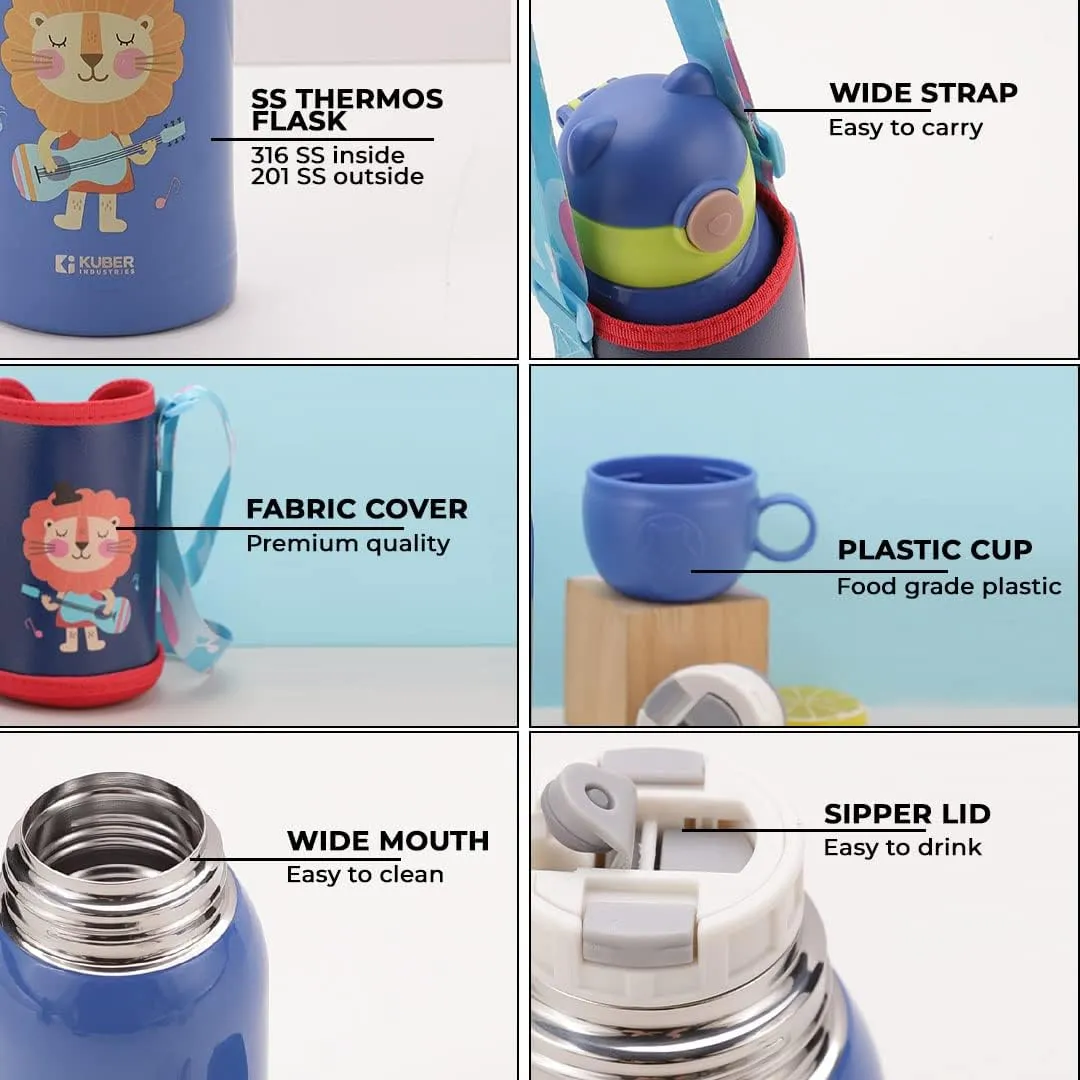 Kuber Industries Water Bottle for Kids|Stainless Steel Flask with Straw, Cup & Fabric Cover|Sipper Bottle for Kids|Food Grade Plastic Lid|Broad Fabric Strap|Leak Proof, BPA Free|500 ml (Pack Of 6)