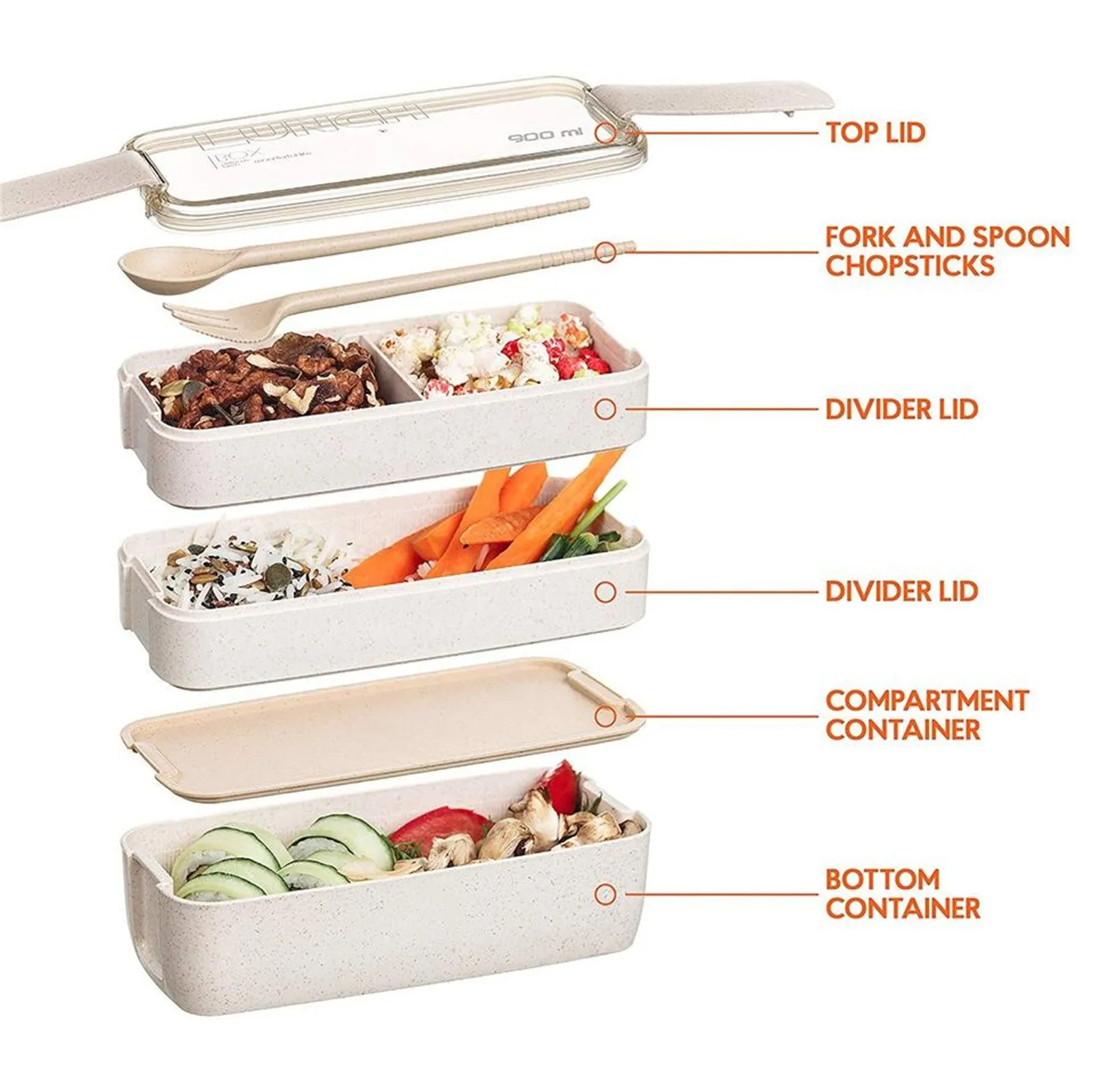 Leakproof 3-Layer Bento Box 900ml with Utensils