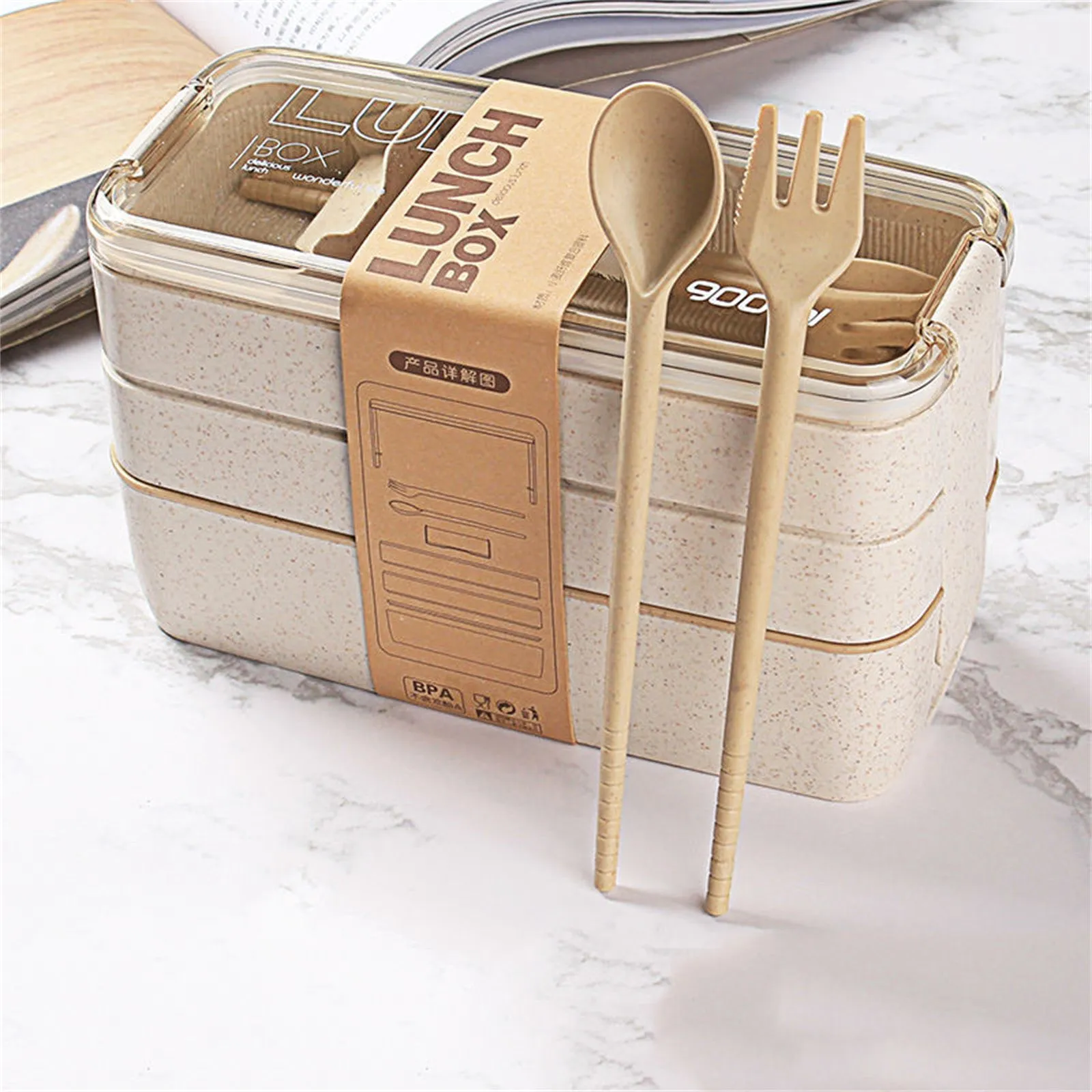 Leakproof 3-Layer Bento Box 900ml with Utensils