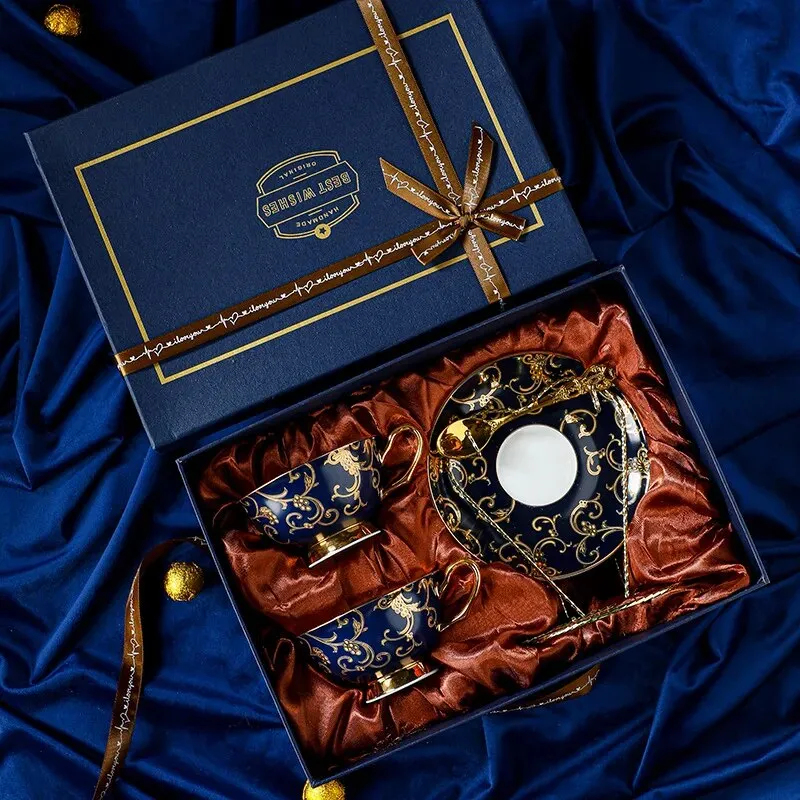 Luxurious Royal Palace Style Classic Coffee and Tea Set for Two with Stand Blue Hand Made Bone China Porcelain Real Gold Leaf