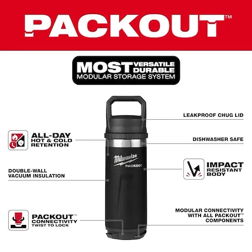 Milwaukee 48-22-8382B PACKOUT™ 18 oz 18/8 Stainless Steel Black Insulated Bottle with Chug Lid