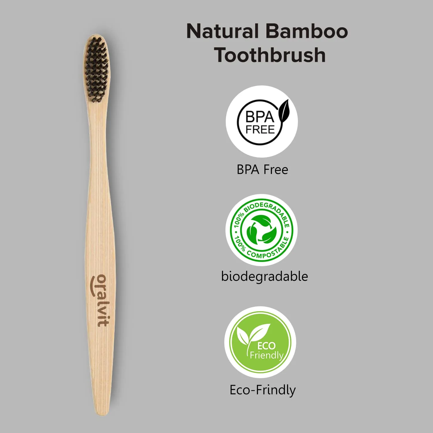 Oralvit Bamboo Charcoal Toothbrush 100% Natural | Anti-bacterial & Biodegradable | Eco-Friendly | For Adults & Kids | BPA Free - Pack of 2 (Pack of 2)