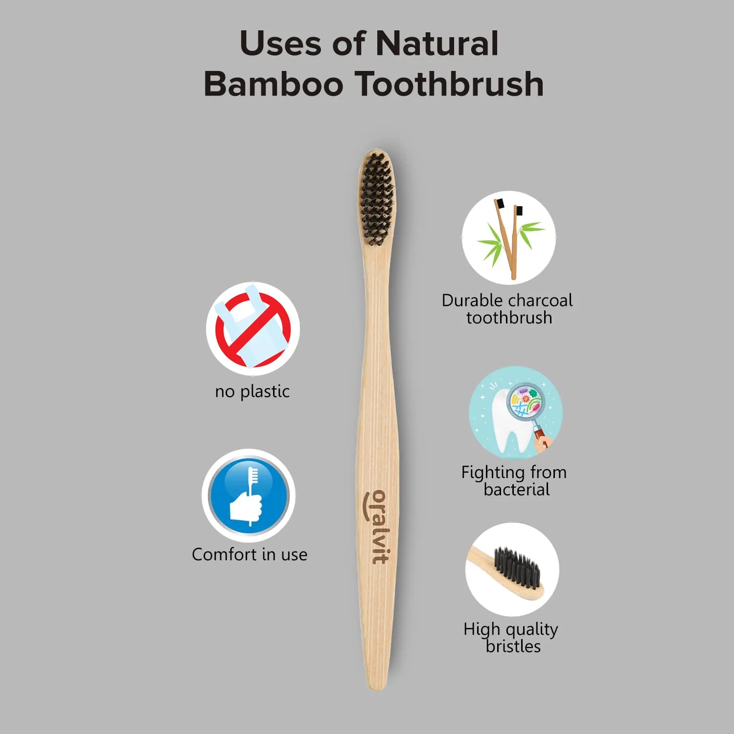 Oralvit Bamboo Charcoal Toothbrush 100% Natural | Anti-bacterial & Biodegradable | Eco-Friendly | For Adults & Kids | BPA Free - Pack of 2 (Pack of 2)