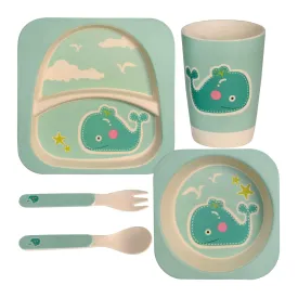 POLKA TOTS Eco Friendly Bamboo Fiber Dinner Set, 5 Pcs Tableware Crockery Set for Weaning Toddler & Self Feeding Baby Utensil Set for Baby Kids (Whale)