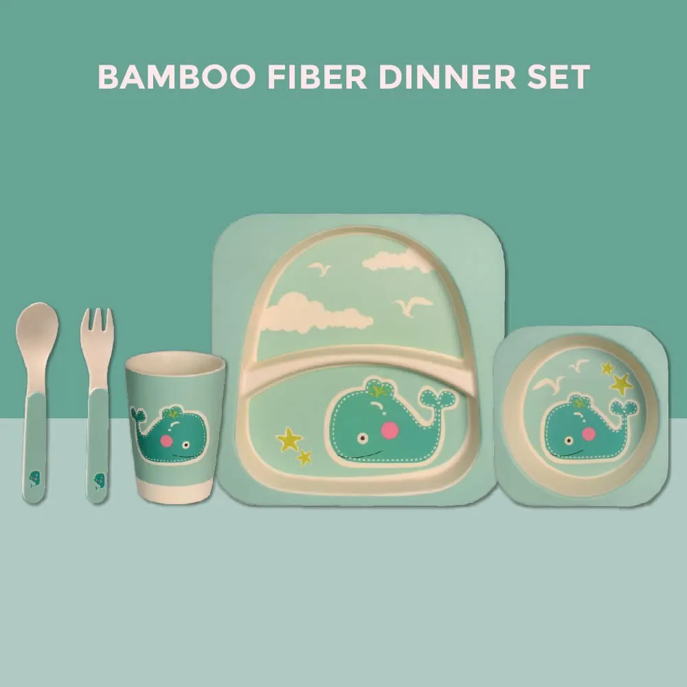 POLKA TOTS Eco Friendly Bamboo Fiber Dinner Set, 5 Pcs Tableware Crockery Set for Weaning Toddler & Self Feeding Baby Utensil Set for Baby Kids (Whale)