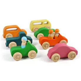 **Pre-order (Ships in 2-3 Weeks)**7 Pcs Colored Wooden Rainbow Cars Set with 3 pcs Peg Dolls