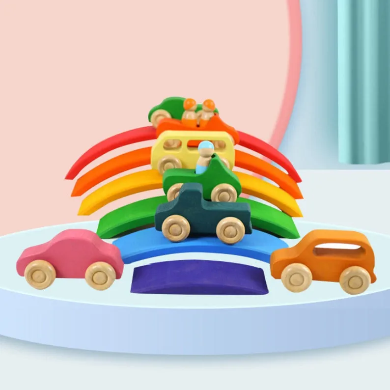 **Pre-order (Ships in 2-3 Weeks)**7 Pcs Colored Wooden Rainbow Cars Set with 3 pcs Peg Dolls