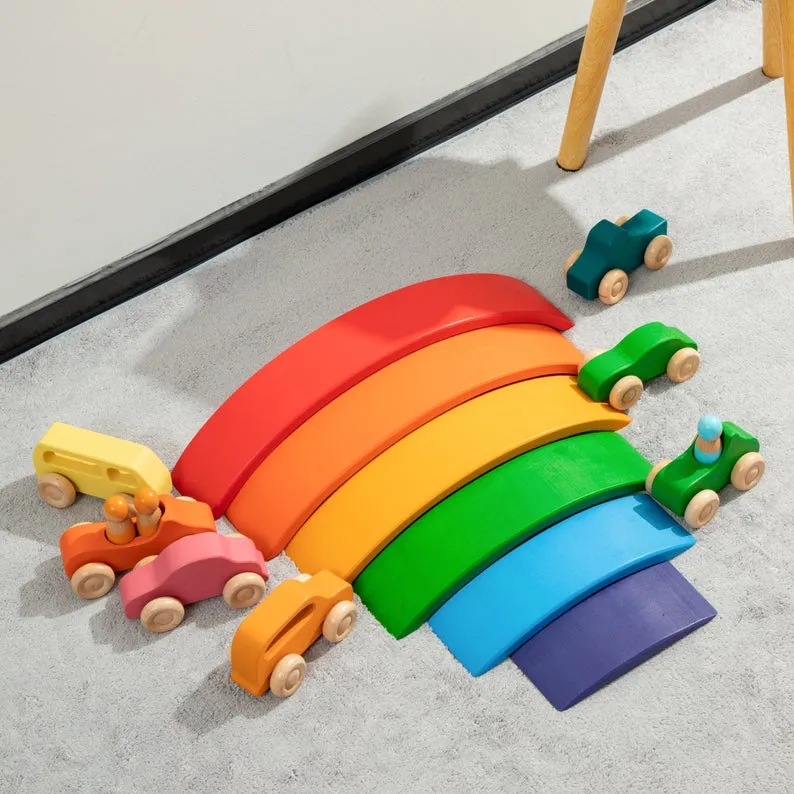 **Pre-order (Ships in 2-3 Weeks)**7 Pcs Colored Wooden Rainbow Cars Set with 3 pcs Peg Dolls