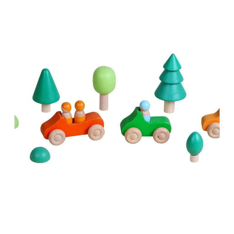 **Pre-order (Ships in 2-3 Weeks)**7 Pcs Colored Wooden Rainbow Cars Set with 3 pcs Peg Dolls