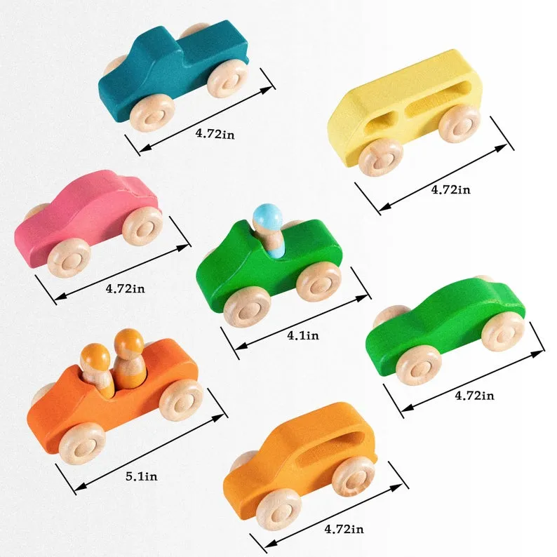 **Pre-order (Ships in 2-3 Weeks)**7 Pcs Colored Wooden Rainbow Cars Set with 3 pcs Peg Dolls