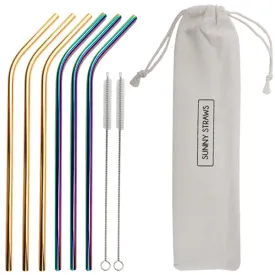 Rainbow and Gold Bent Straw Set (6) with Brushes (2)