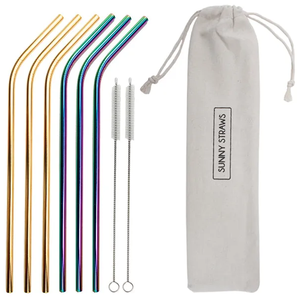 Rainbow and Gold Bent Straw Set (6) with Brushes (2)