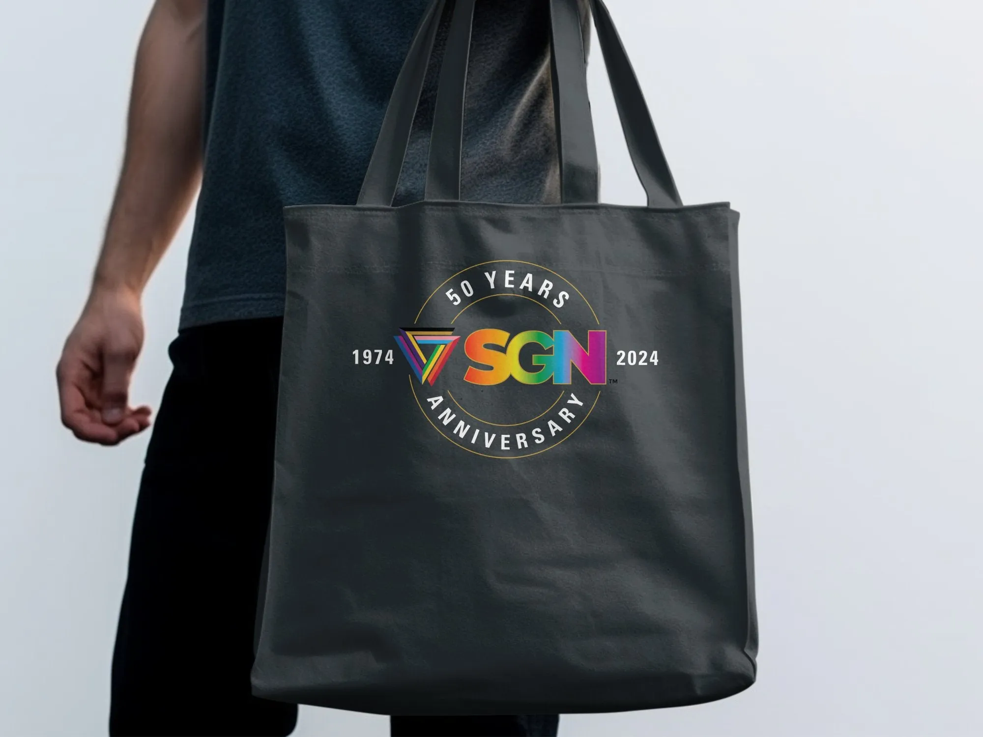 SGN Rainbow Gradient Anniversary LOGO Tote Bag, Eco Conscious Seattle Gay News Book or Grocery Tote