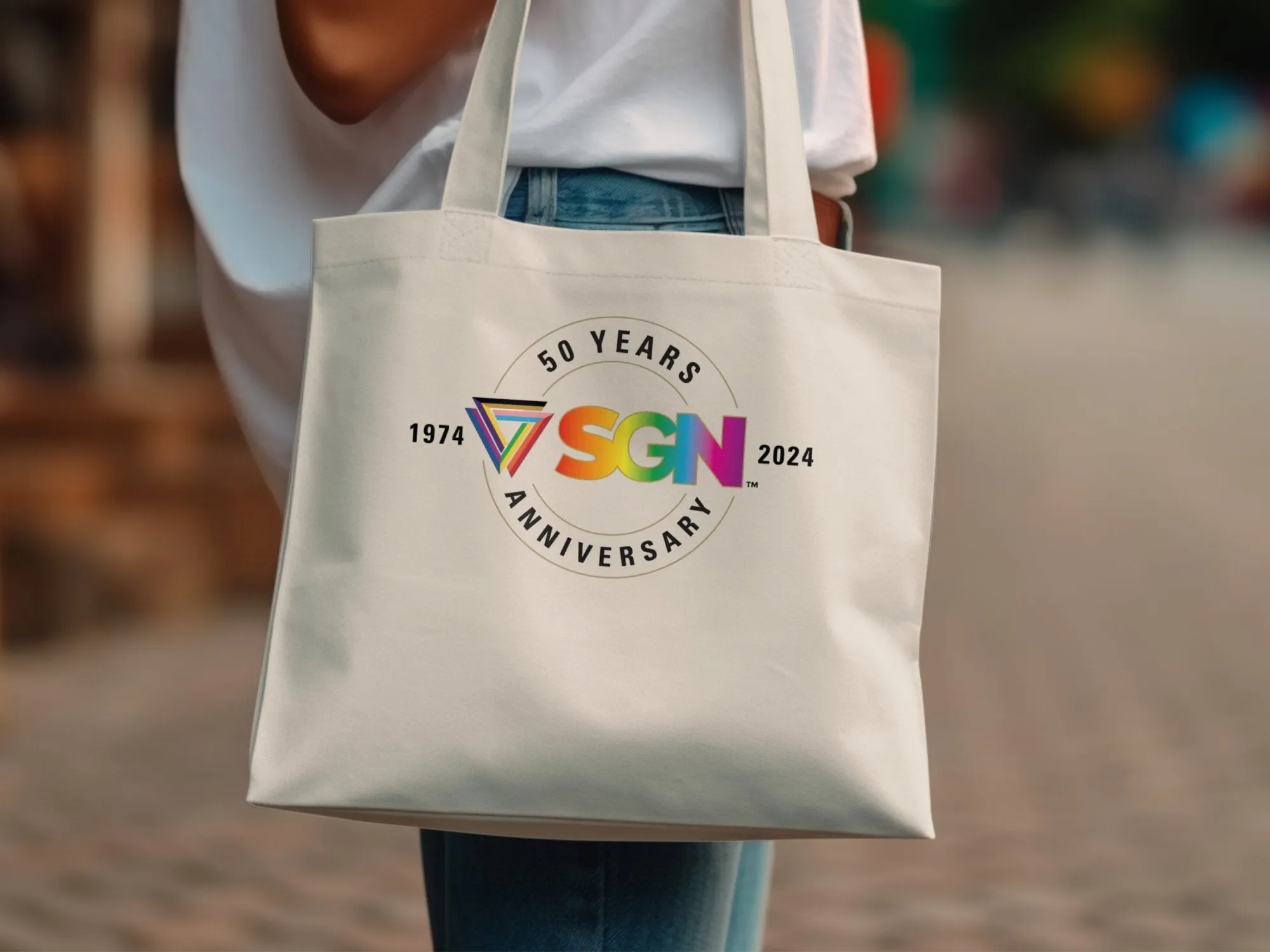 SGN Rainbow Gradient Anniversary LOGO Tote Bag, Eco Conscious Seattle Gay News Book or Grocery Tote