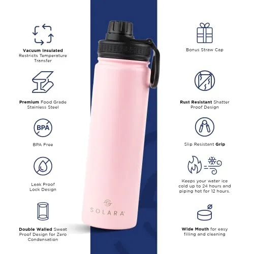 SOLARA Insulated Water Bottle 650ml, Hot Water Bottle, Thermosteel Water Bottle for Travel, Home, Office, School, Gym, Adults, Water Bottle Hot and Cold, Sipper Bottle, Angle Pink