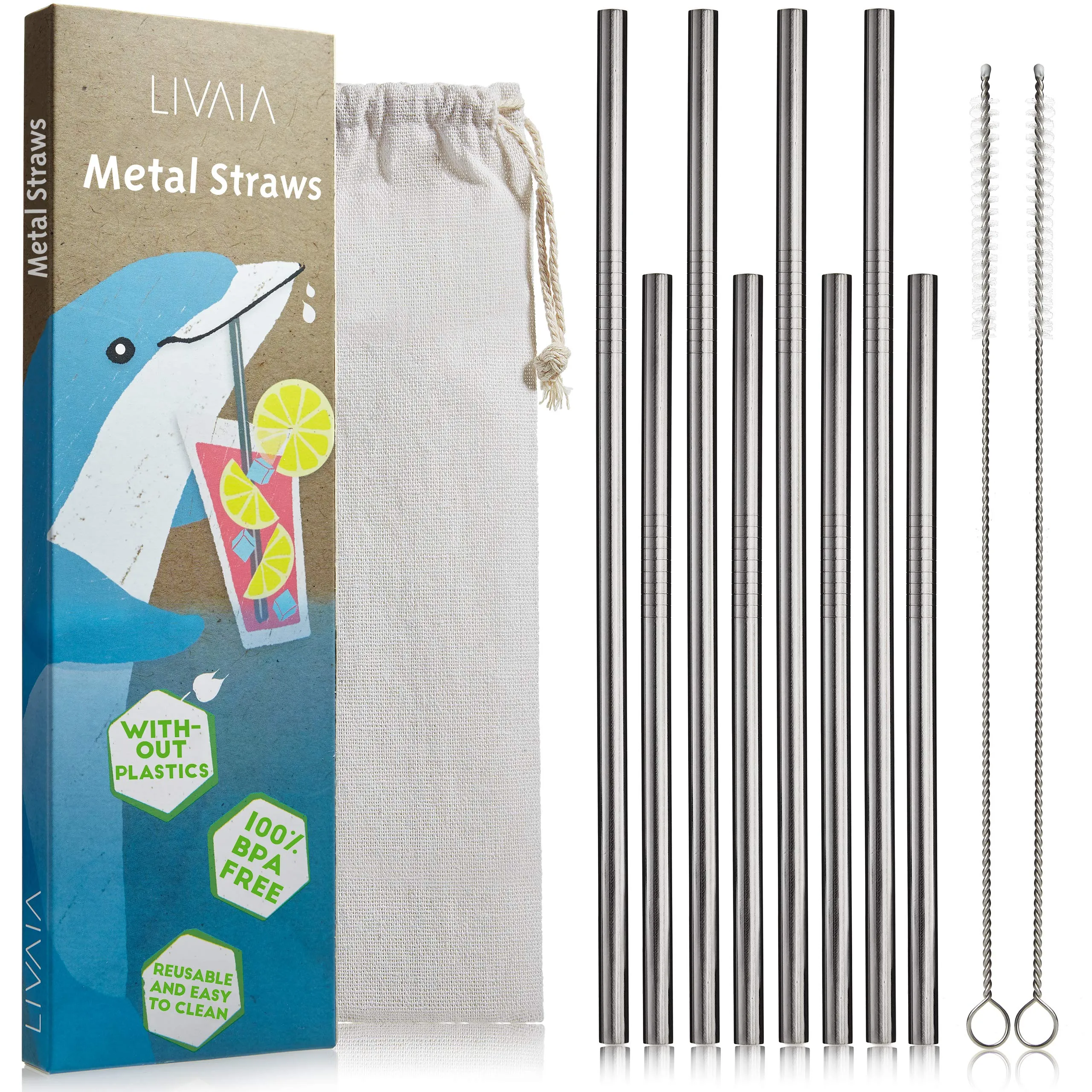 Stainless Steel Reusable Straws Drinking: Metal Straws Reusable 8 Set with Straw Cleaner