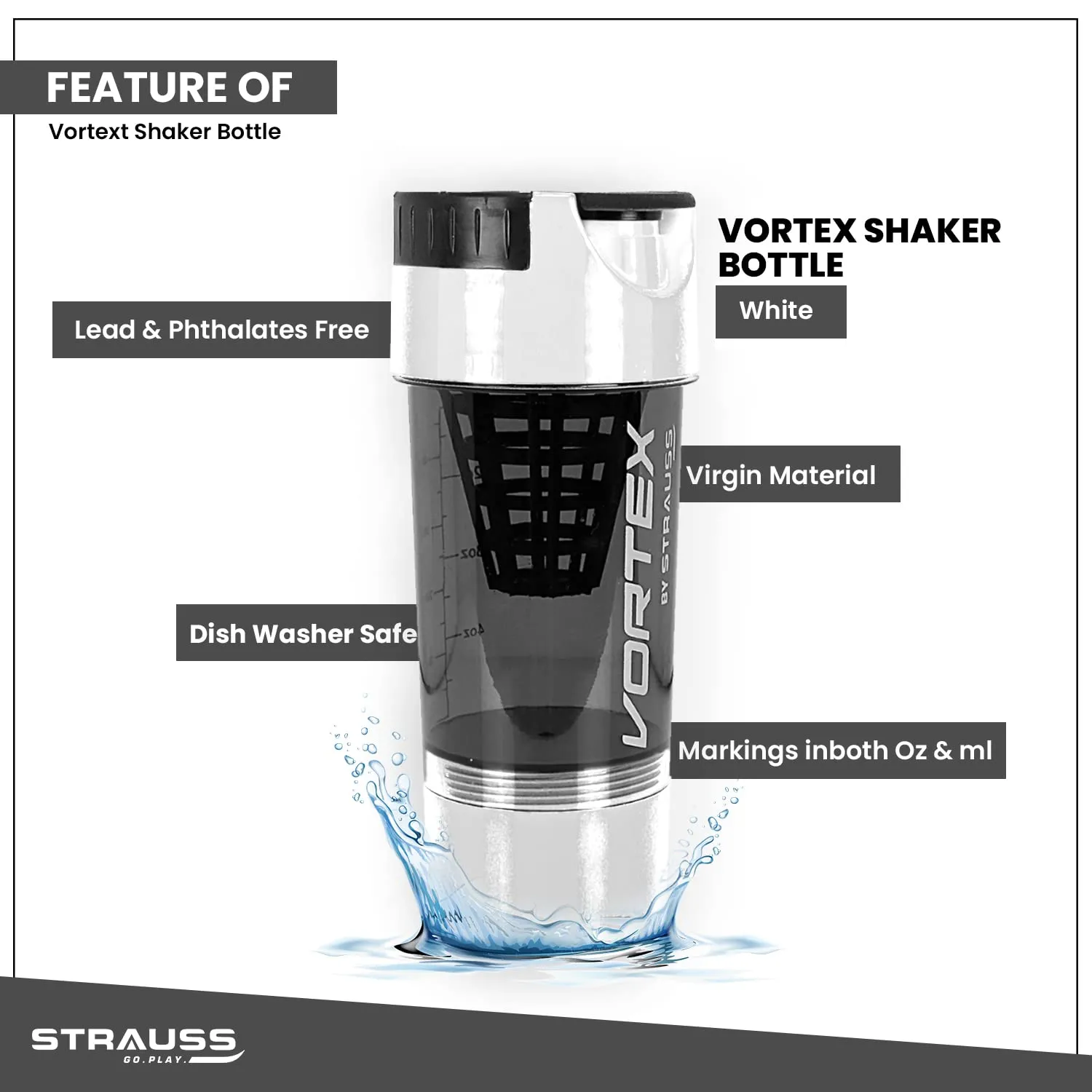 STRAUSS Vortex Shaker Bottle with Two Storage Compartments | 100% BPA- Free Sipper Bottle | Leakproof Shaker For Protein Shake | Ideal For Pre Workout and BCAAs| 500ml, (White)