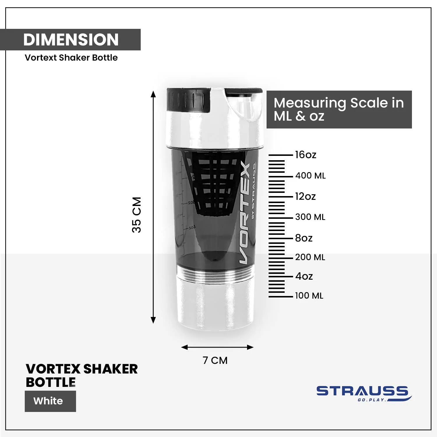 STRAUSS Vortex Shaker Bottle with Two Storage Compartments | 100% BPA- Free Sipper Bottle | Leakproof Shaker For Protein Shake | Ideal For Pre Workout and BCAAs| 500ml, (White)