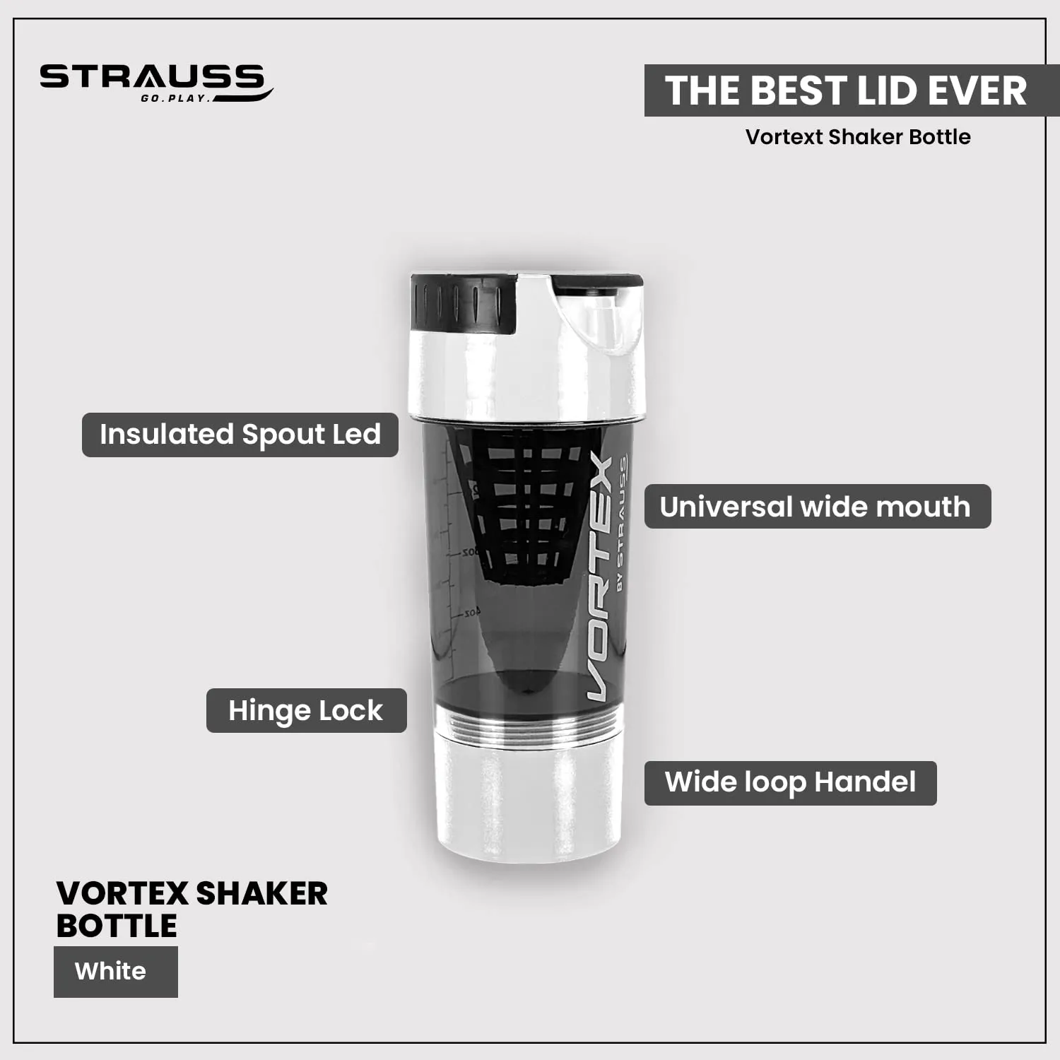 STRAUSS Vortex Shaker Bottle with Two Storage Compartments | 100% BPA- Free Sipper Bottle | Leakproof Shaker For Protein Shake | Ideal For Pre Workout and BCAAs| 500ml, (White)