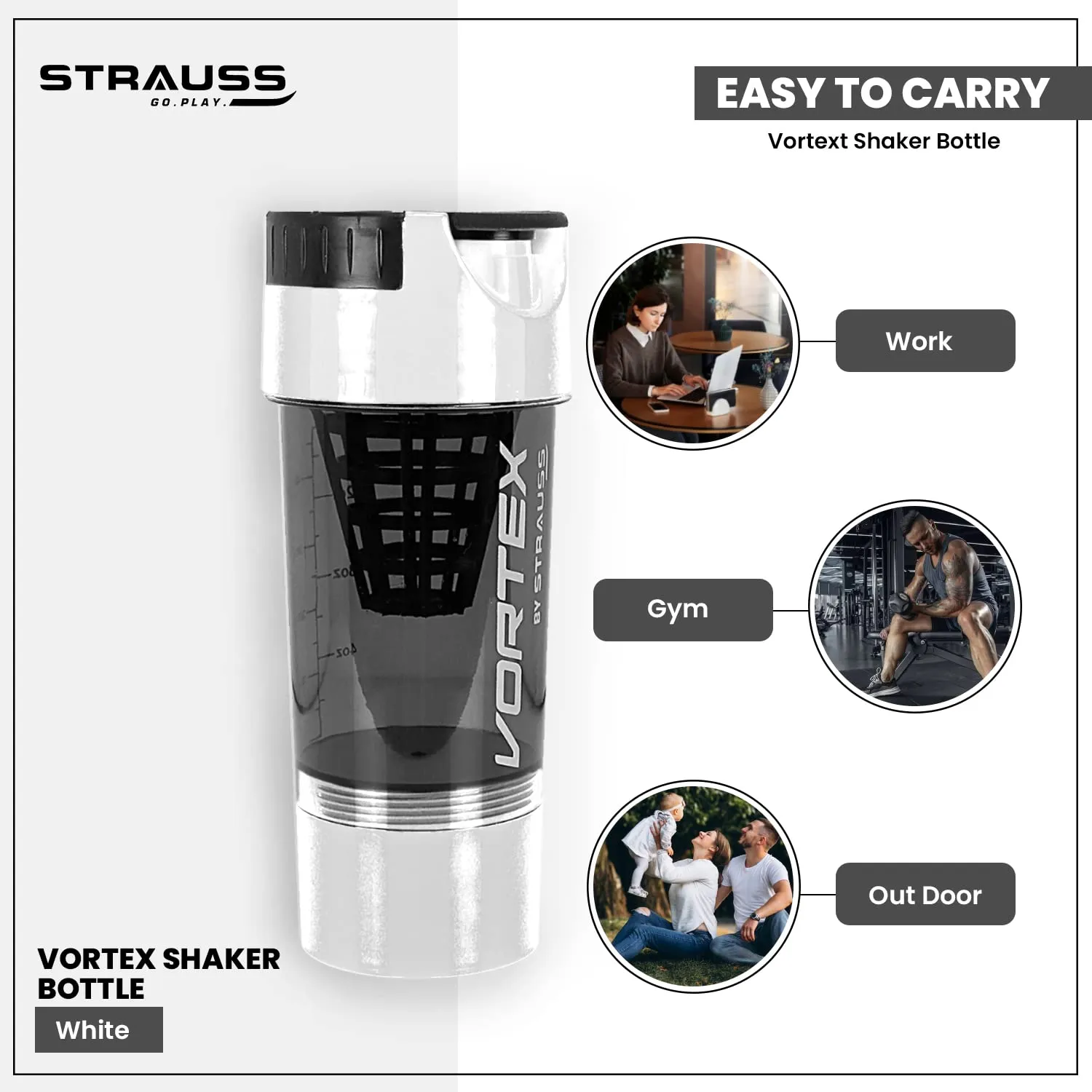 STRAUSS Vortex Shaker Bottle with Two Storage Compartments | 100% BPA- Free Sipper Bottle | Leakproof Shaker For Protein Shake | Ideal For Pre Workout and BCAAs| 500ml, (White)