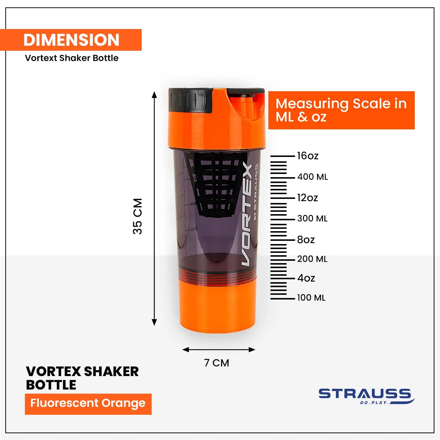 STRAUSS Vortex Shaker Bottle with Two Storage Compartments | 100% BPA- Free Sipper Bottle | Leakproof Shaker For Protein Shake | Ideal For Pre Workout and BCAAs| For Both Men and Women | 500ml, (Flourescent Orange)