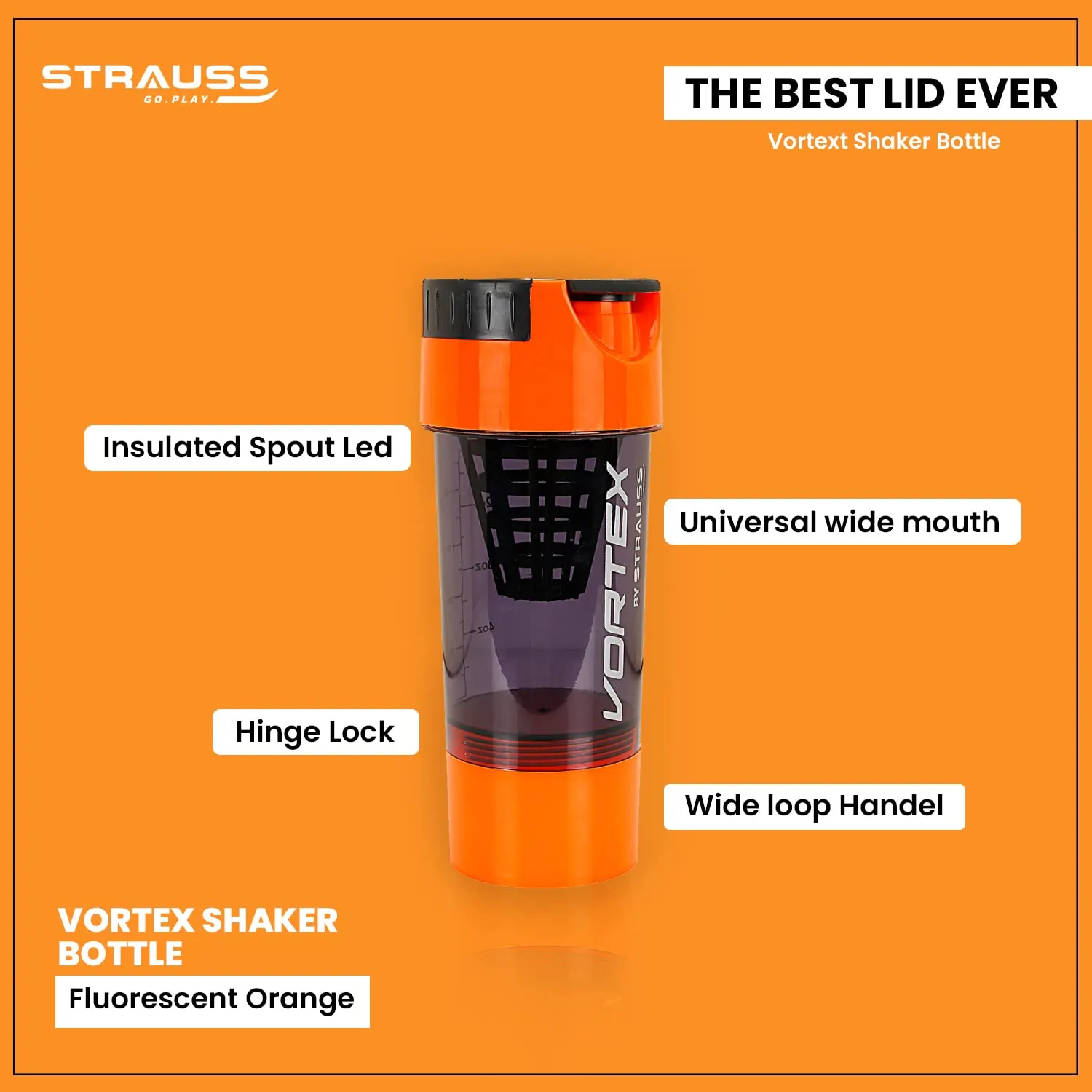 STRAUSS Vortex Shaker Bottle with Two Storage Compartments | 100% BPA- Free Sipper Bottle | Leakproof Shaker For Protein Shake | Ideal For Pre Workout and BCAAs| For Both Men and Women | 500ml, (Flourescent Orange)