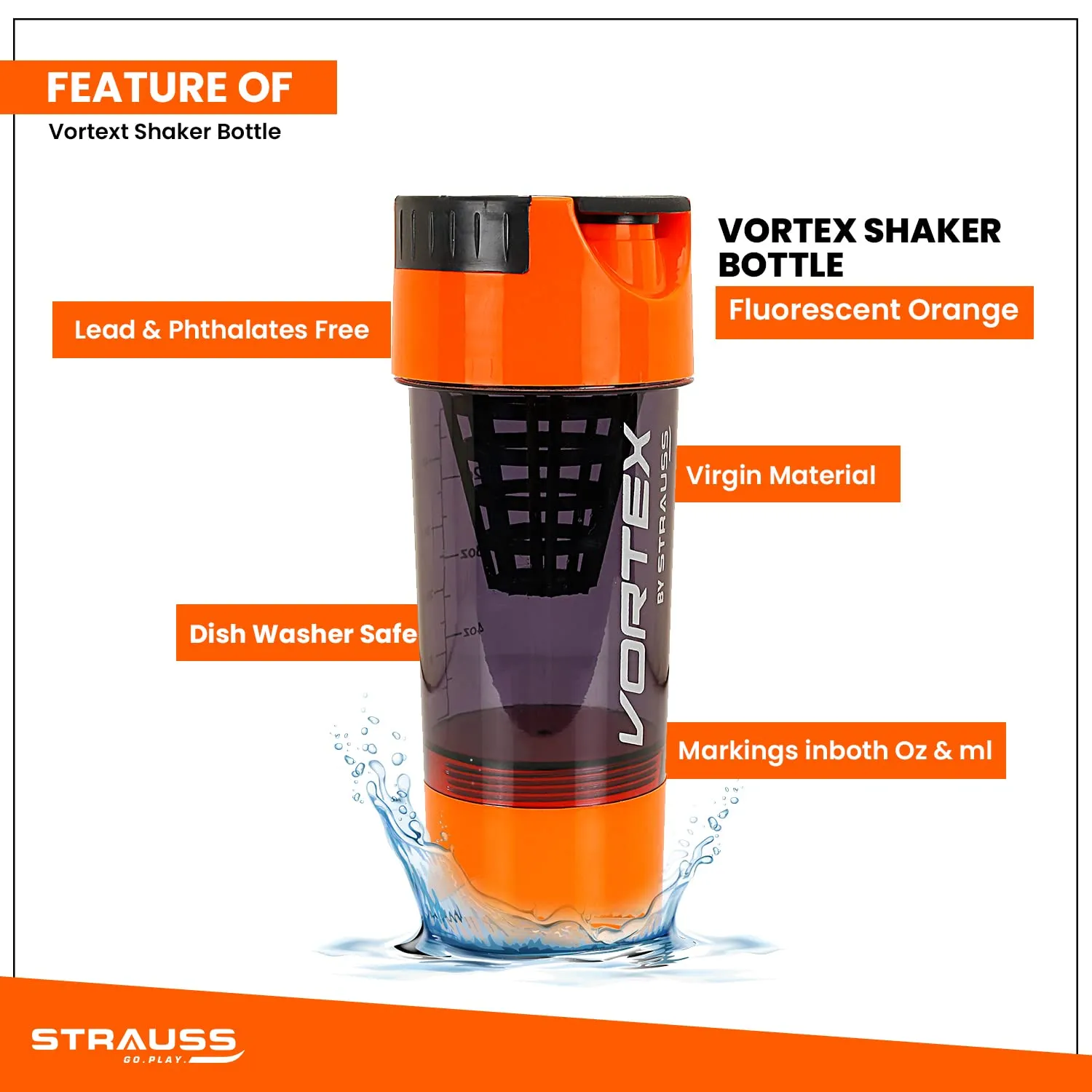 STRAUSS Vortex Shaker Bottle with Two Storage Compartments | 100% BPA- Free Sipper Bottle | Leakproof Shaker For Protein Shake | Ideal For Pre Workout and BCAAs| For Both Men and Women | 500ml, (Flourescent Orange)