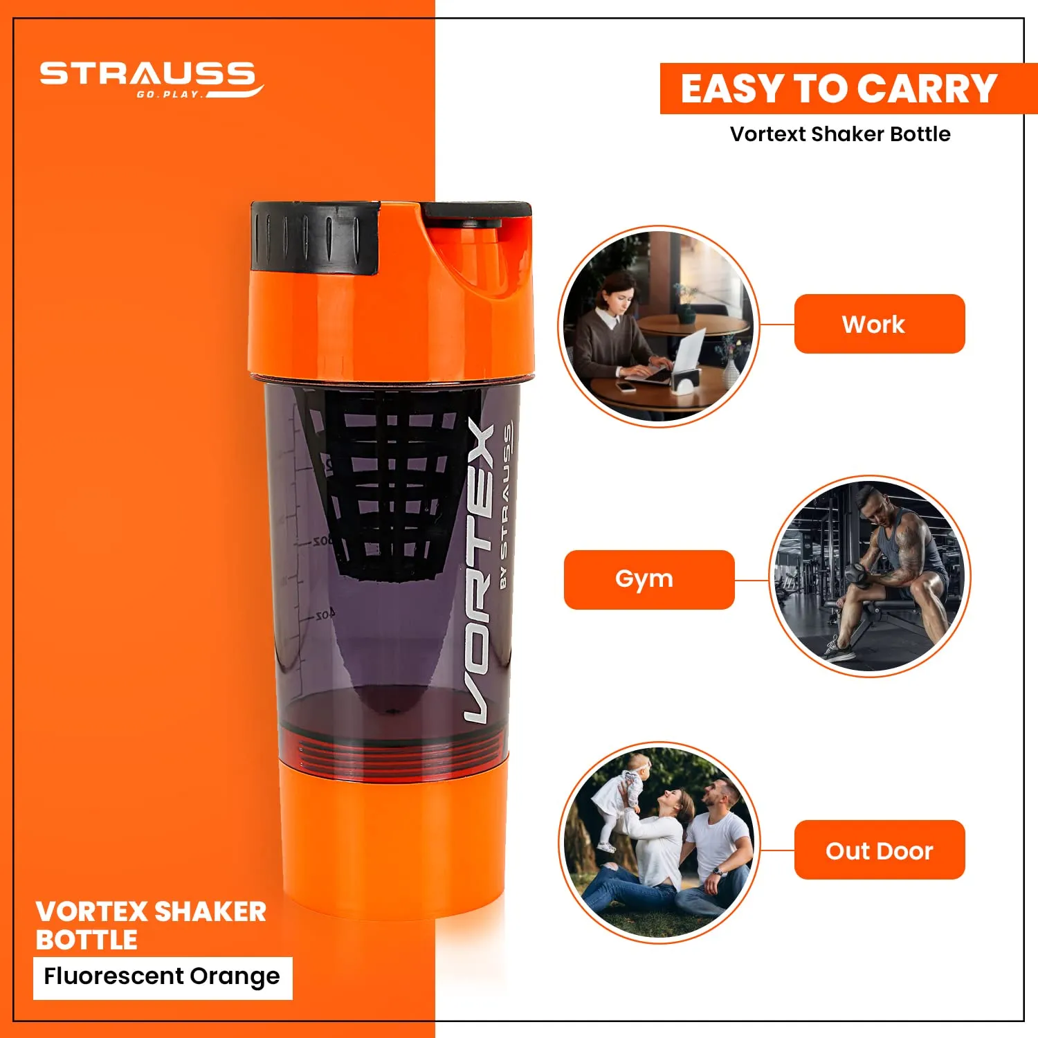 STRAUSS Vortex Shaker Bottle with Two Storage Compartments | 100% BPA- Free Sipper Bottle | Leakproof Shaker For Protein Shake | Ideal For Pre Workout and BCAAs| For Both Men and Women | 500ml, (Flourescent Orange)