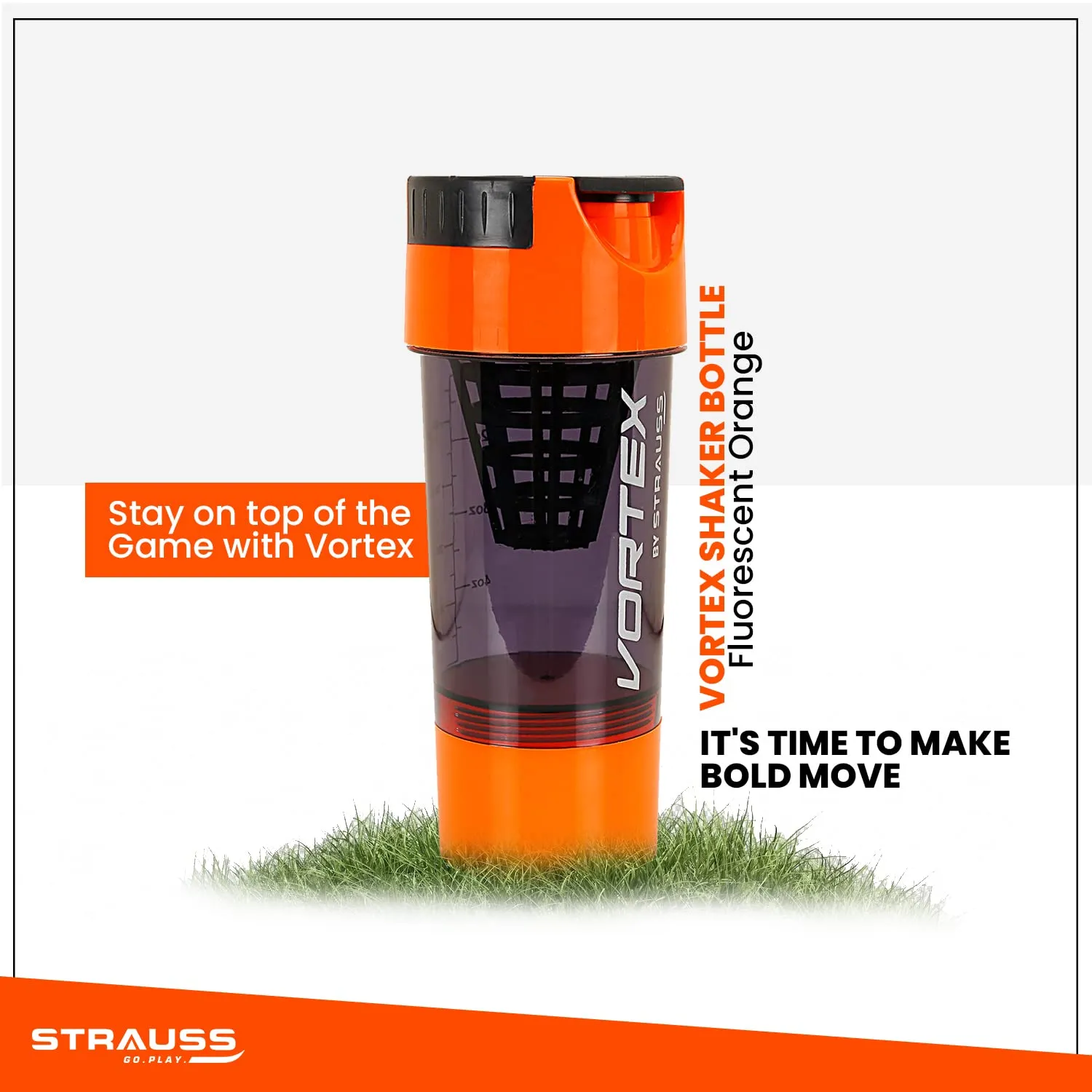 STRAUSS Vortex Shaker Bottle with Two Storage Compartments | 100% BPA- Free Sipper Bottle | Leakproof Shaker For Protein Shake | Ideal For Pre Workout and BCAAs| For Both Men and Women | 500ml, (Flourescent Orange)