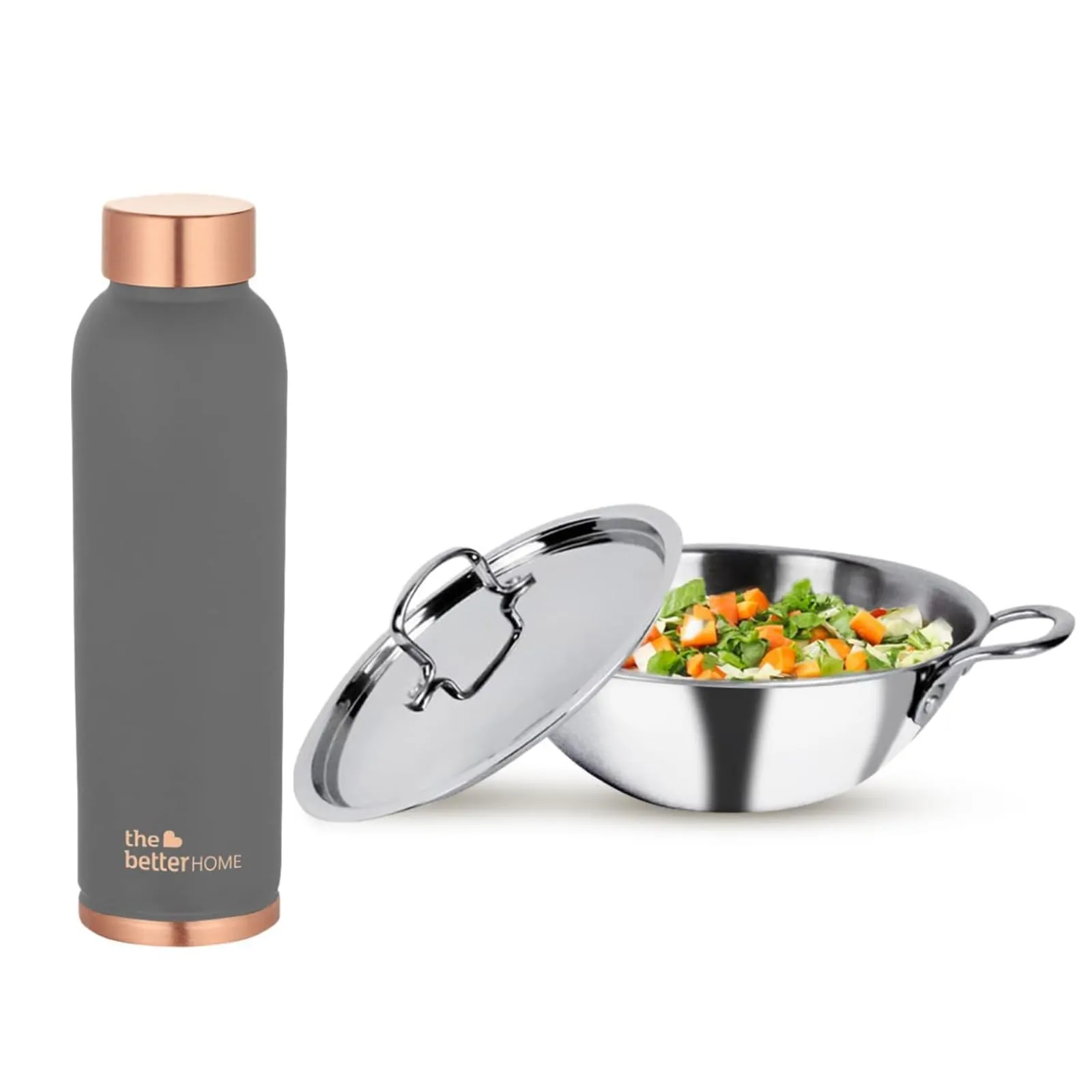 The Better Home 100% Pure Copper Water Bottle 1 Litre, Grey & Savya Home Triply Kadai with Stainless Steel Lid, 22cm (2.2 ltr)