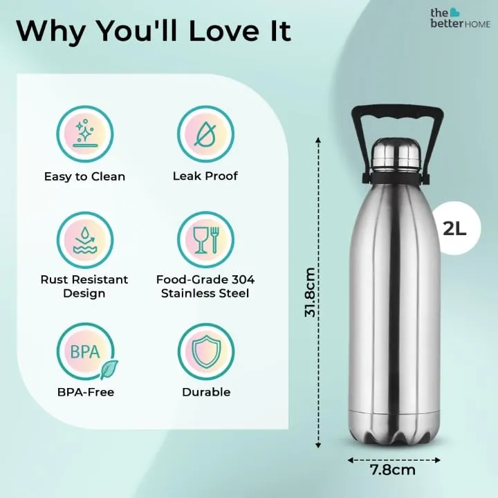 The Better Home 2 Ltrs Insulated Bottle | Doubled Wall 304 Stainless Steel | Stays Hot for 18 Hrs & Cold for 24 Hrs | Rustproof & Leakproof | Insulated Water Bottles (Green)