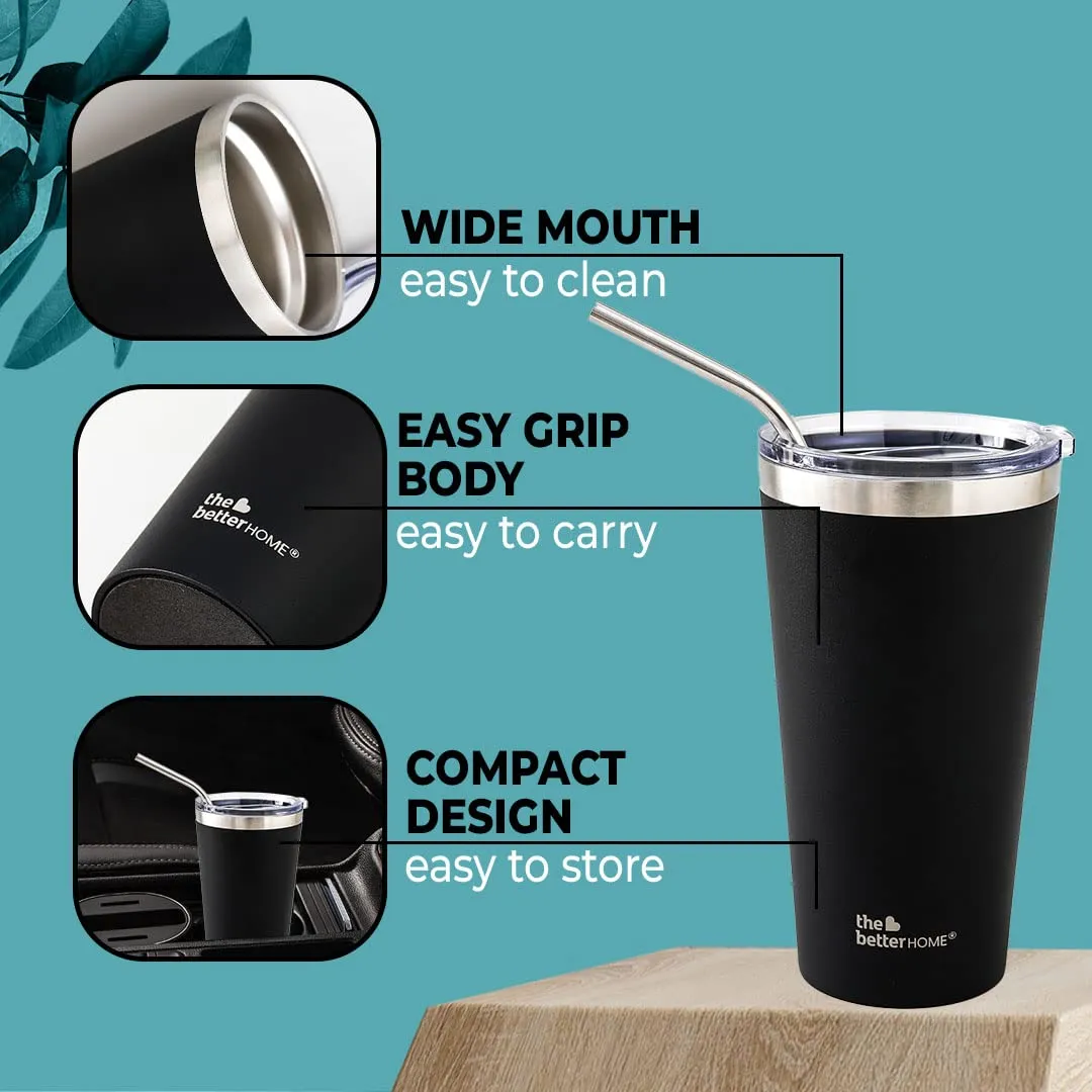 The Better Home 450 ml Insulated Coffee Cup Tumbler with Transparent Lid & Straw | Double Walled 304 Stainless Steel | Leakproof | 6 hrs hot & cold | Perfect For Travel, Home & Office | Black