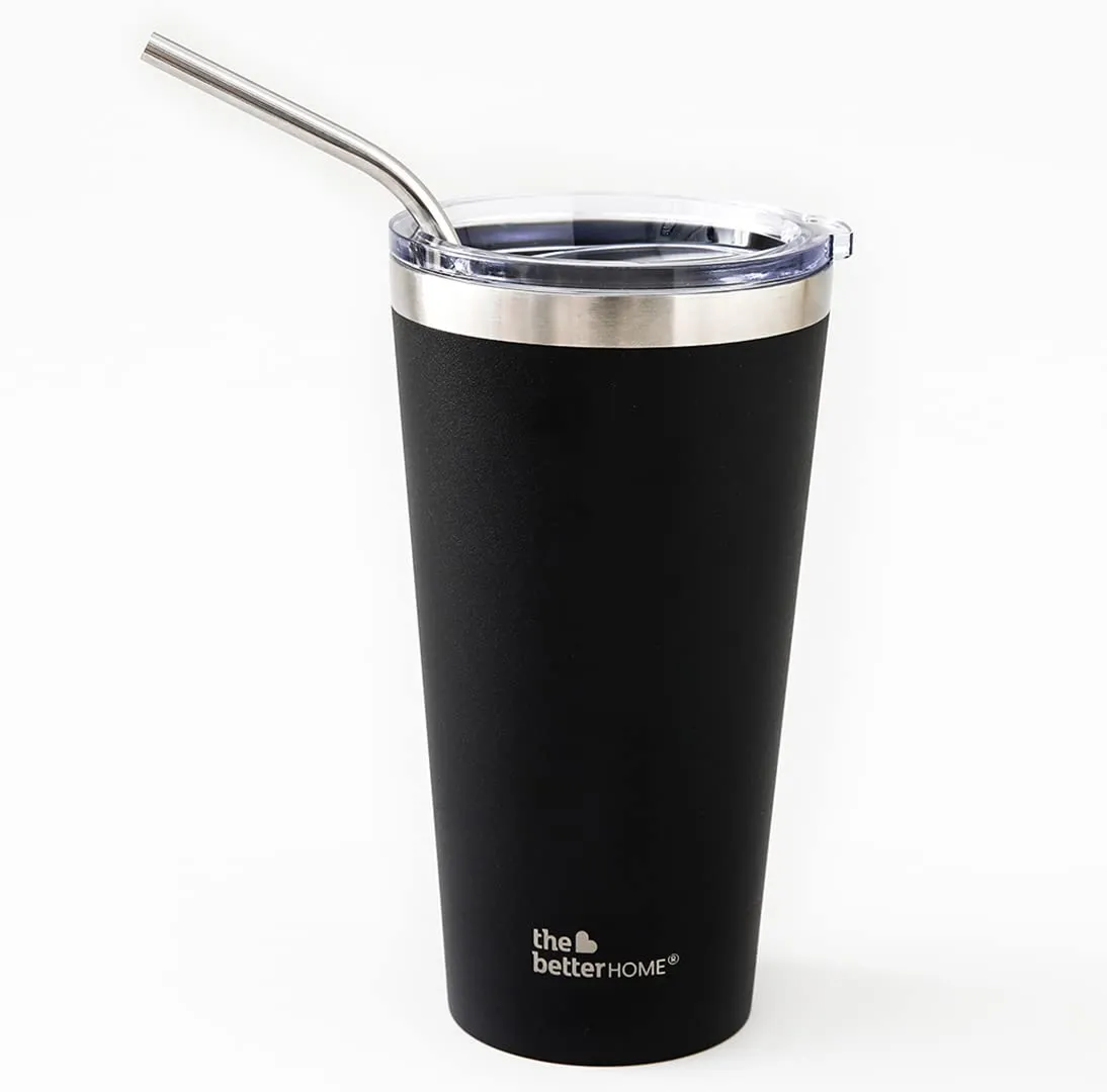 The Better Home 450 ml Insulated Coffee Cup Tumbler with Transparent Lid & Straw | Double Walled 304 Stainless Steel | Leakproof | 6 hrs hot & cold | Perfect For Travel, Home & Office | Black