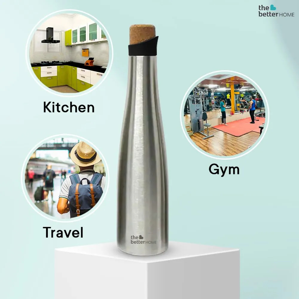 The Better Home 500ml Insulated Stainless Steel Water Bottle with Cork Cap | Insulation Upto 18hrs | Insulated Water Bottle |Hot and Cold Water for Office| Airtight | Leak Proof | BPA Free |Silver