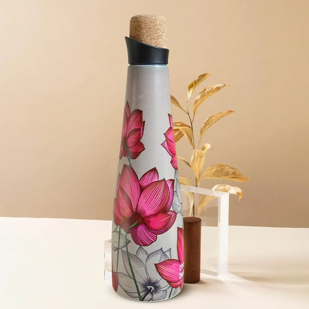 The Better Home 750ml Insulated Stainless Steel Water Bottle | 8 Hrs Insulation Cork Cap | Hot & Cold Office | Leakproof | Insulated Water Bottle | (Pink Lotus)