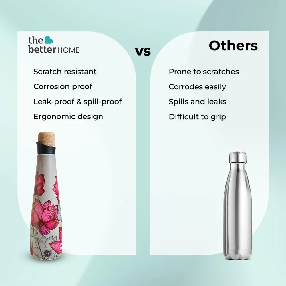 The Better Home 750ml Insulated Stainless Steel Water Bottle | 8 Hrs Insulation Cork Cap | Hot & Cold Office | Leakproof | Insulated Water Bottle | (Pink Lotus)