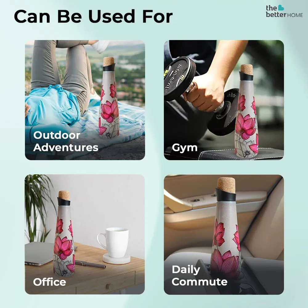 The Better Home 750ml Insulated Stainless Steel Water Bottle | 8 Hrs Insulation Cork Cap | Hot & Cold Office | Leakproof | Insulated Water Bottle | (Pink Lotus)