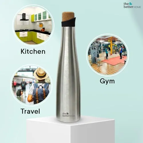 The Better Home Insulated Cork Water Bottle|Hot & Cold Water Bottle 500 Ml -Silver |Easy Pour| Bottle for Fridge/School/Outdoor/Gym/Home/Office/Boys/Girls/Kids, Leak Proof and BPA Free