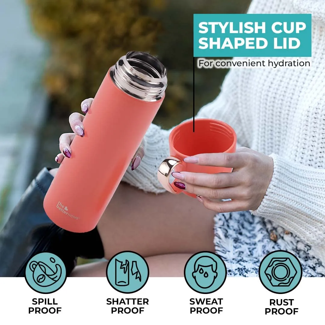 The Better Home Insulated Flask 500ml with Cup, Thermos Flask, Coffee Flask & Tea Flask for Home & Office Use, Leak Proof & Rust Proof Small Flask, 6 Hours Hot & Cold (Orange, Stainless Steel)