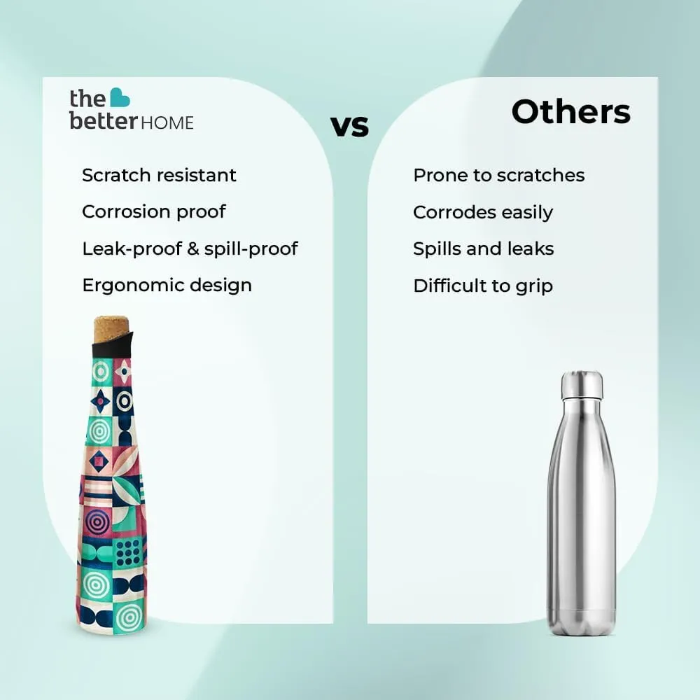 The Better Home Insulated Stainless Steel Water Bottle with Cork Cap | 18 Hours Insulation | Pack of 2-750ml Each | Hot Cold Water for Office School Gym | Leak Proof & BPA Free | Geometric Design