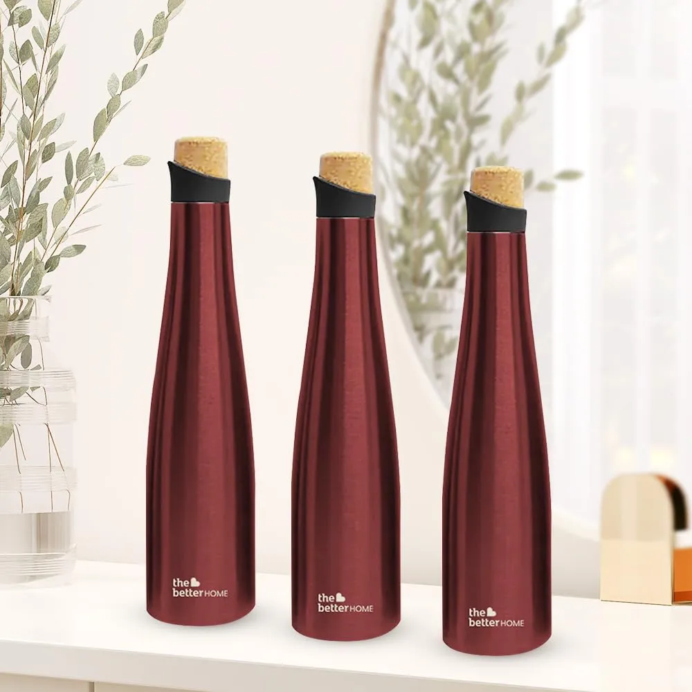 The Better Home Insulated Stainless Steel Water Bottle with Cork Cap | 18 Hours Insulation | Pack of 3-500ml Each | Hot Cold Water for Office School Gym | Leak Proof & BPA Free | Wine Colour