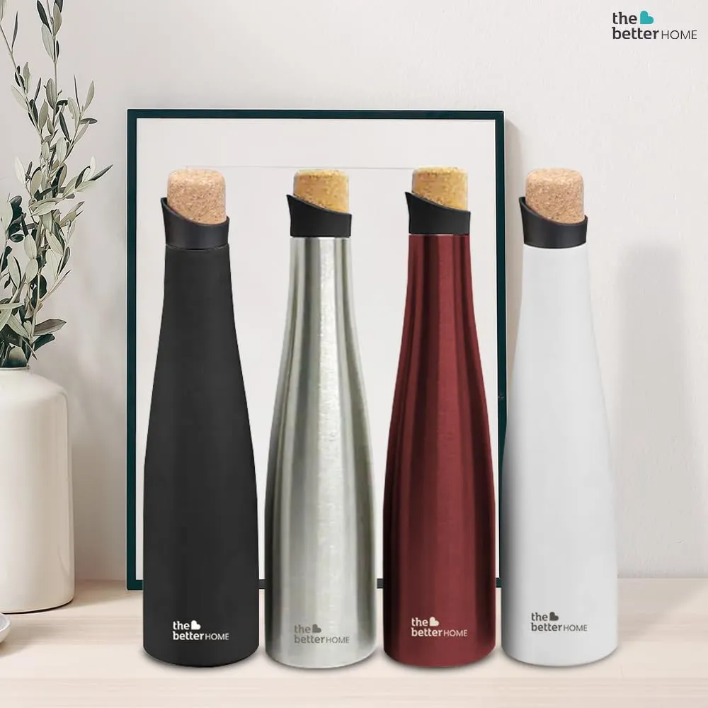 The Better Home Insulated Stainless Steel Water Bottle with Cork Cap | 18 Hours Insulation | Pack of 3-500ml Each | Hot Cold Water for Office School Gym | Leak Proof & BPA Free | Wine Colour