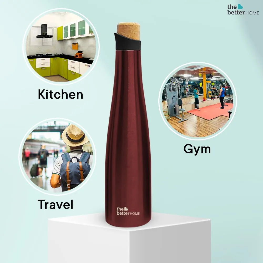 The Better Home Insulated Stainless Steel Water Bottle with Cork Cap | 18 Hours Insulation | Pack of 3-500ml Each | Hot Cold Water for Office School Gym | Leak Proof & BPA Free | Wine Colour