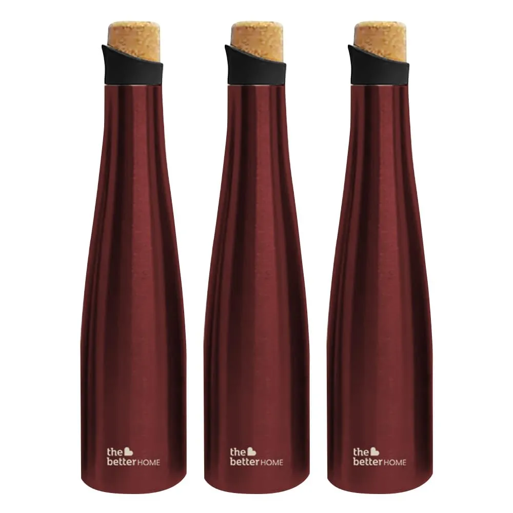 The Better Home Insulated Stainless Steel Water Bottle with Cork Cap | 18 Hours Insulation | Pack of 3-500ml Each | Hot Cold Water for Office School Gym | Leak Proof & BPA Free | Wine Colour